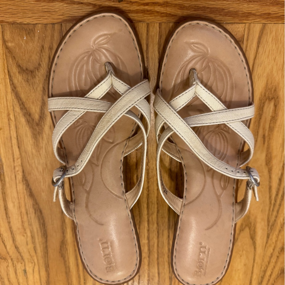 Born Cream Leather Strappy Slip-on Low Heels, Sz 9